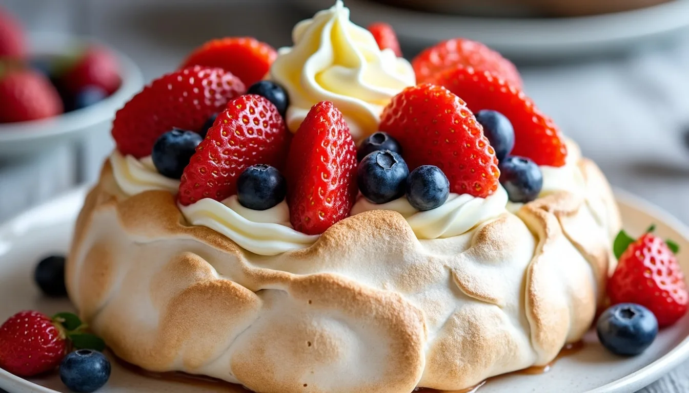 découvrez notre délicieuse pavlova aux fruits rouges, parfaite pour sublimer vos repas festifs. avec sa meringue légère et croustillante, garnie de crème fouettée et de fruits rouges juteux, cette recette fera sensation à toutes vos occasions spéciales.