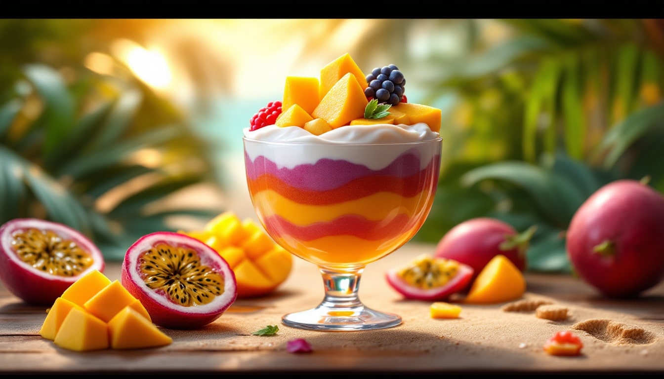 découvrez notre délicieuse mousse de fruits exotiques : un dessert léger et aérien qui vous fera voyager depuis chez vous grâce à ses saveurs ensoleillées et rafraîchissantes. parfaite pour une touche d'exotisme à vos repas !